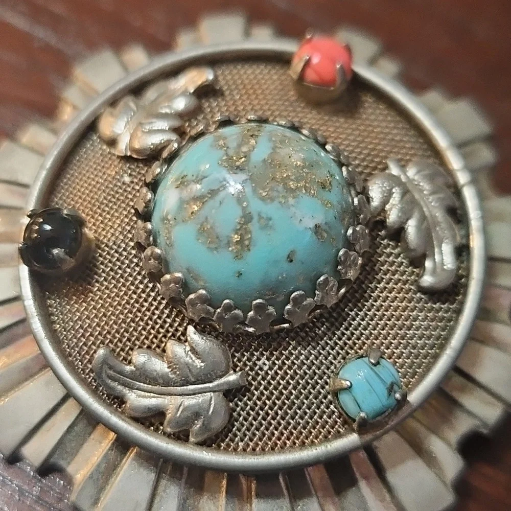 Victorian Etruscan Style Sunburst Faux Coral Turquoise Leaf Brooch Pin Pendant